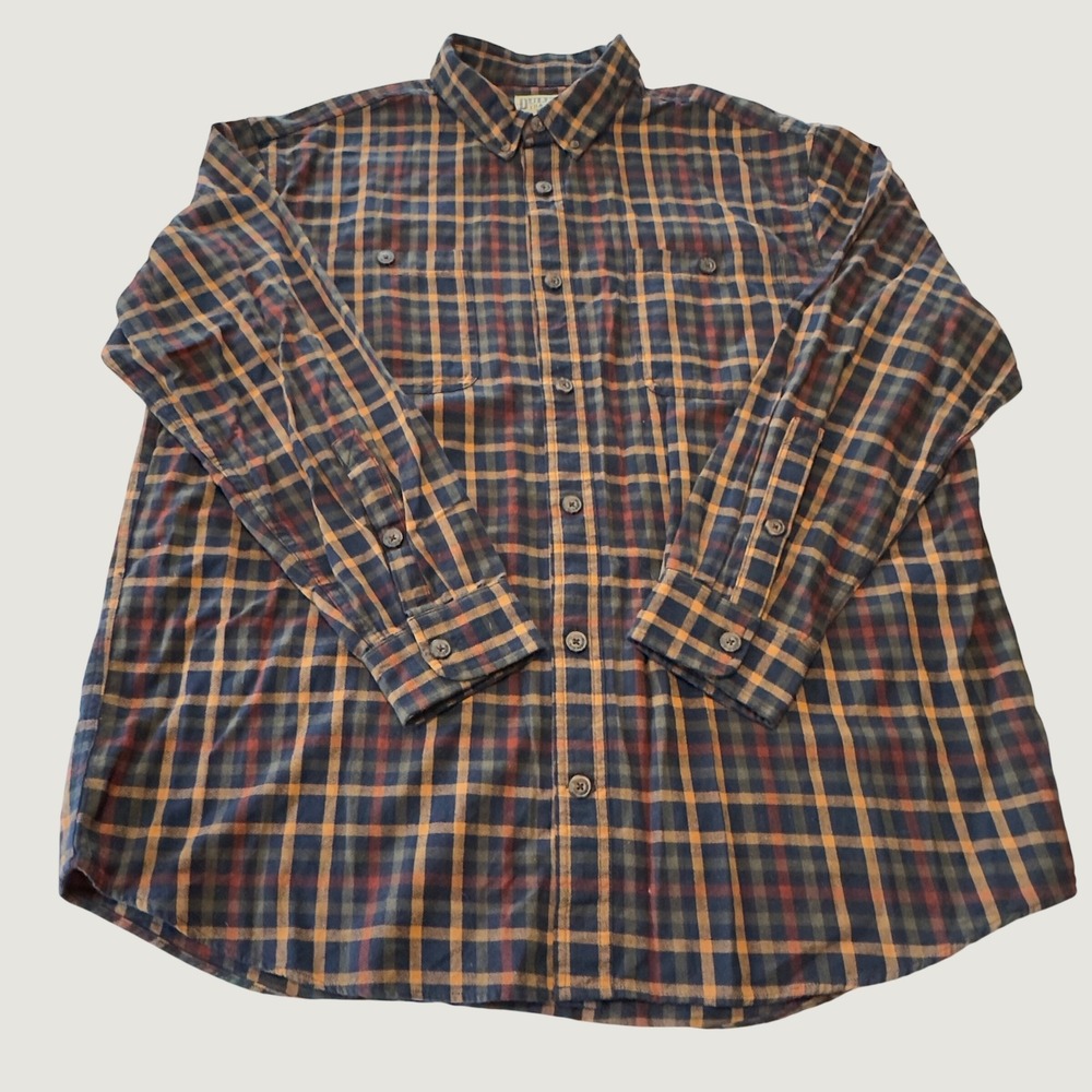 Duluth Trading Co Mens XL Relaxed Fit Plaid Button‎ Down Shirt Navy Orange 52007